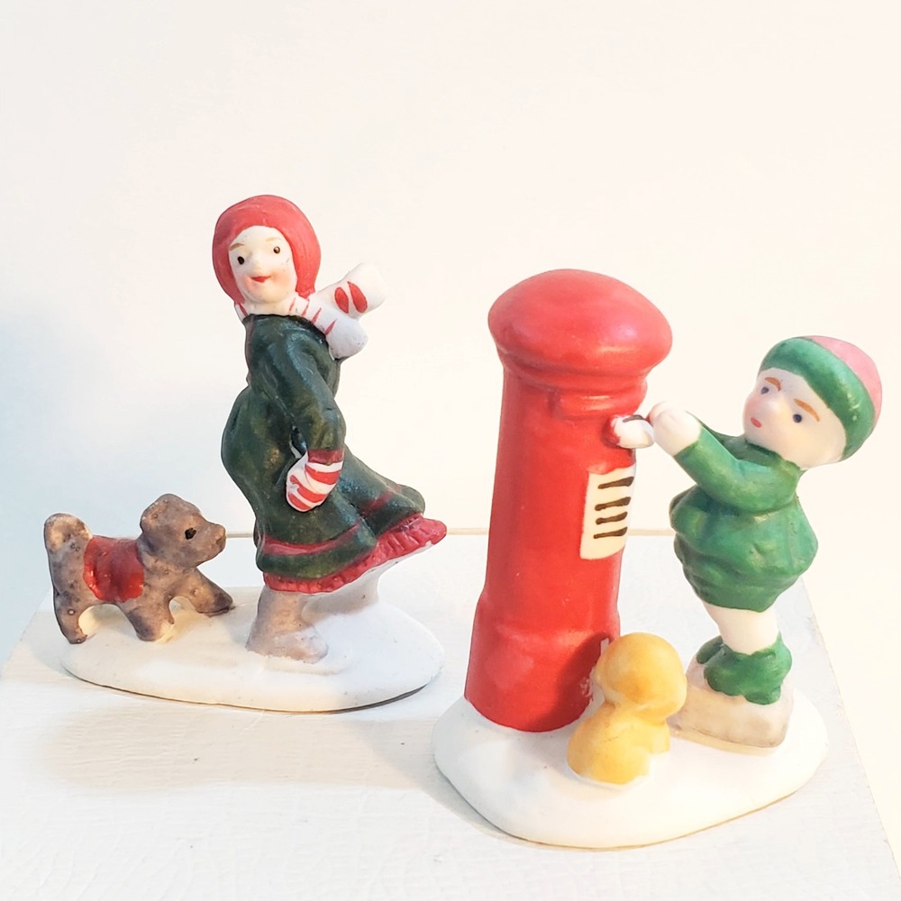 2 Vintage Lemax Christmas Figurine Girl walking Dog Boy Mailing Letter w/ Kitten